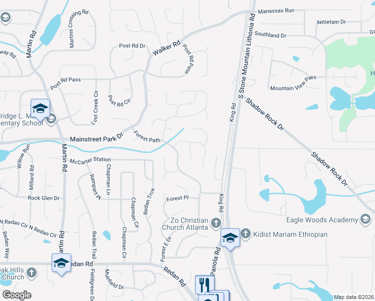map of restaurants, bars, coffee shops, grocery stores, and more near 922 Fox Valley Court in Stone Mountain