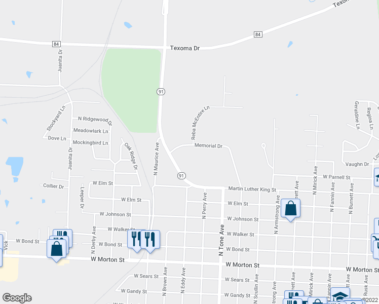 map of restaurants, bars, coffee shops, grocery stores, and more near 1300 Memorial Drive in Denison