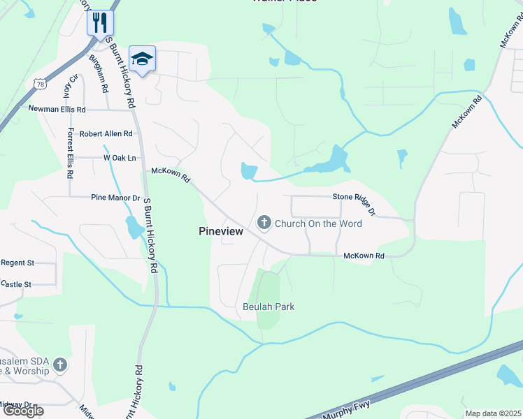 map of restaurants, bars, coffee shops, grocery stores, and more near 1400 Bentwind Place in Douglasville