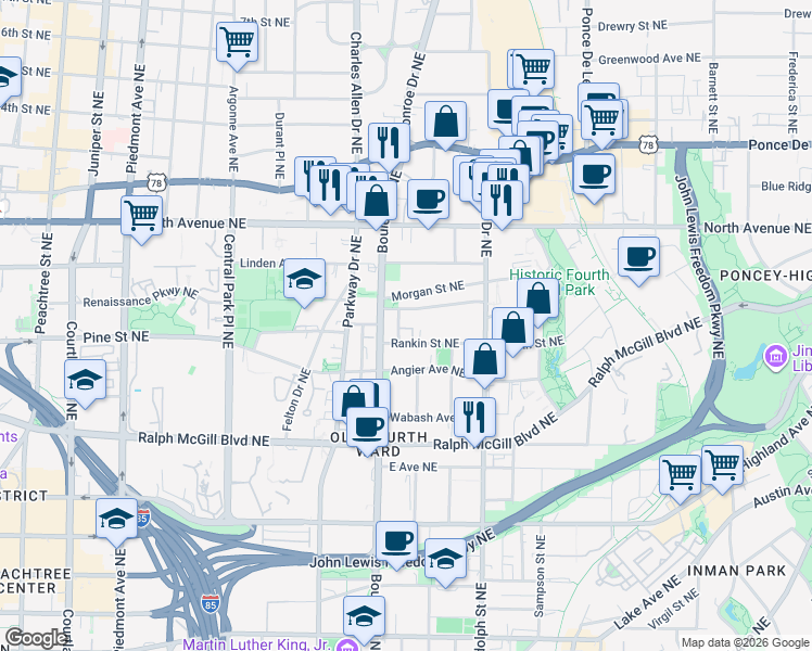 map of restaurants, bars, coffee shops, grocery stores, and more near 513 Winton Terrace Northeast in Atlanta
