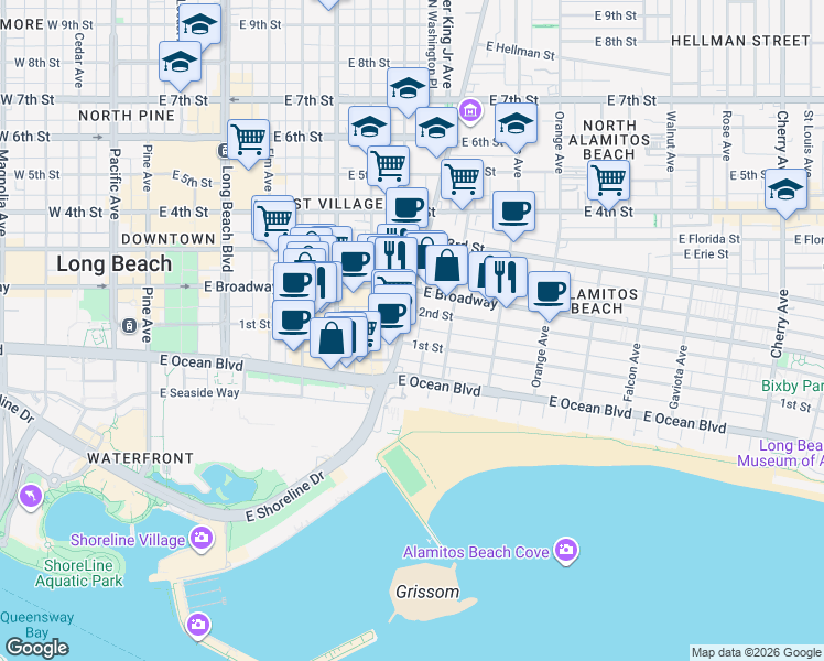 map of restaurants, bars, coffee shops, grocery stores, and more near 120 Alamitos Avenue in Long Beach