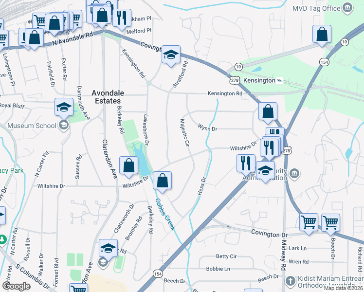 map of restaurants, bars, coffee shops, grocery stores, and more near 3096 Majestic Circle in Avondale Estates