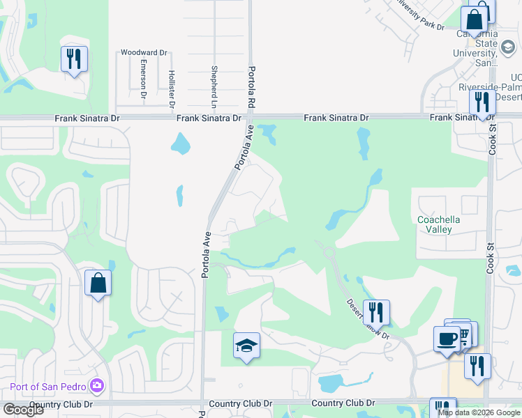 map of restaurants, bars, coffee shops, grocery stores, and more near 1102 Retreat Circle in Palm Desert