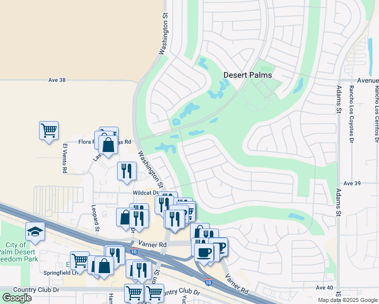 map of restaurants, bars, coffee shops, grocery stores, and more near 78204 Arbor Glen Road in Palm Desert