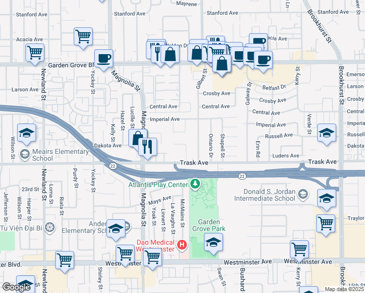 map of restaurants, bars, coffee shops, grocery stores, and more near 13401 Mickey Street in Garden Grove