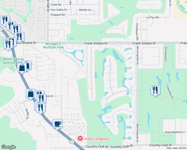 map of restaurants, bars, coffee shops, grocery stores, and more near 63 Mayfair Drive in Rancho Mirage