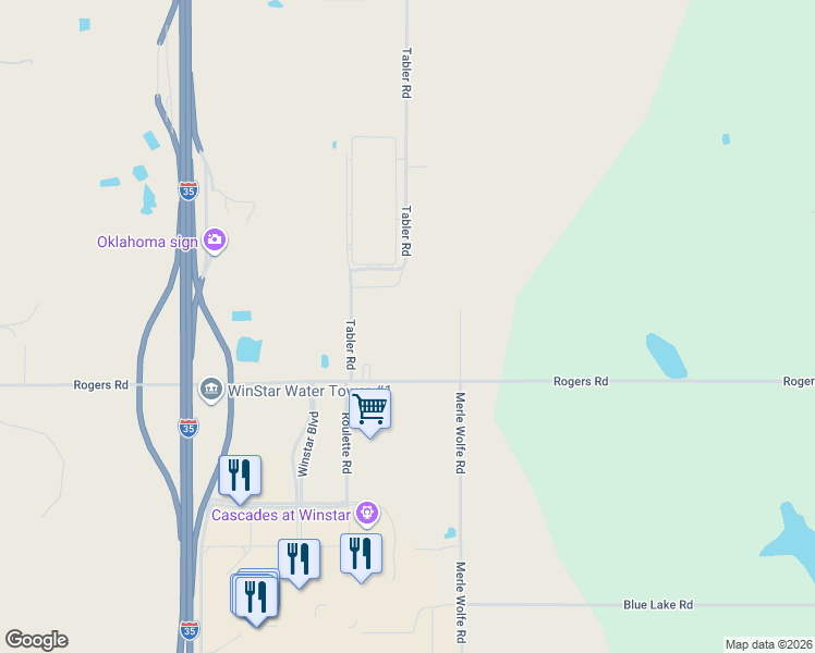 map of restaurants, bars, coffee shops, grocery stores, and more near 11106 Rogers Road in Thackerville