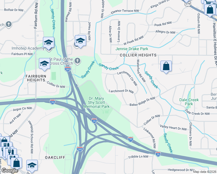 map of restaurants, bars, coffee shops, grocery stores, and more near 587 Larchmont Drive Northwest in Atlanta