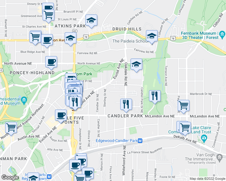 map of restaurants, bars, coffee shops, grocery stores, and more near 1344 Hooper Avenue Northeast in Atlanta