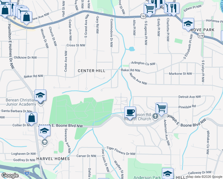 map of restaurants, bars, coffee shops, grocery stores, and more near 445 Baker Circle Northwest in Atlanta