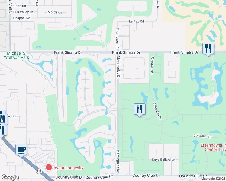 map of restaurants, bars, coffee shops, grocery stores, and more near 12 Sussex Court in Rancho Mirage