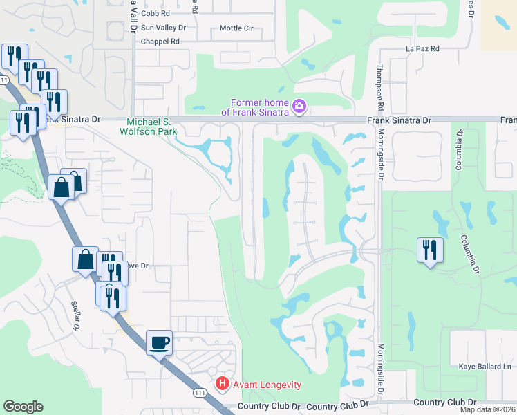 map of restaurants, bars, coffee shops, grocery stores, and more near 63 Mayfair Drive in Rancho Mirage