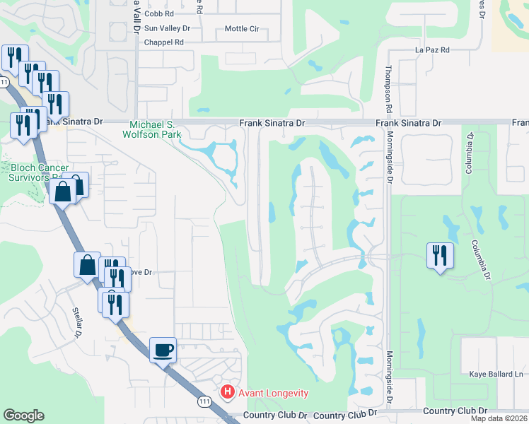 map of restaurants, bars, coffee shops, grocery stores, and more near 65 Mayfair Drive in Rancho Mirage