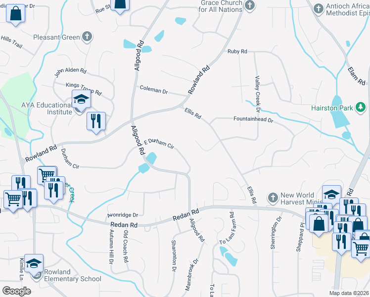 map of restaurants, bars, coffee shops, grocery stores, and more near 4408 East Durham Circle in Stone Mountain