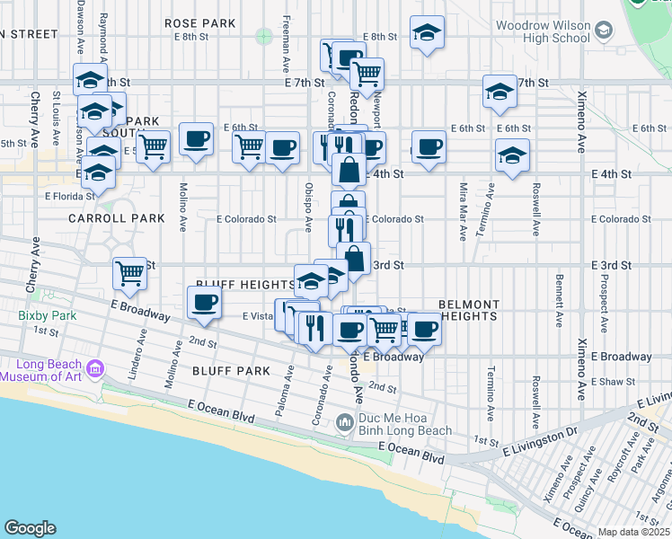 map of restaurants, bars, coffee shops, grocery stores, and more near 3300 East 3rd Street in Long Beach