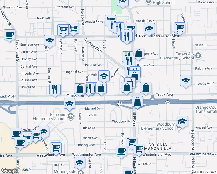 map of restaurants, bars, coffee shops, grocery stores, and more near in Garden Grove