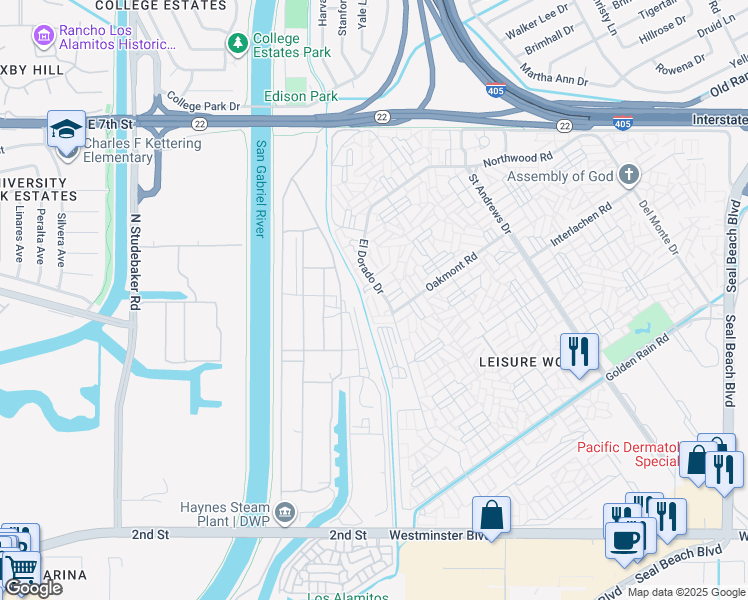 map of restaurants, bars, coffee shops, grocery stores, and more near El Dorado Drive in Seal Beach