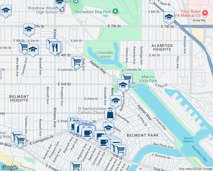 map of restaurants, bars, coffee shops, grocery stores, and more near 5040 East 3rd Street in Long Beach