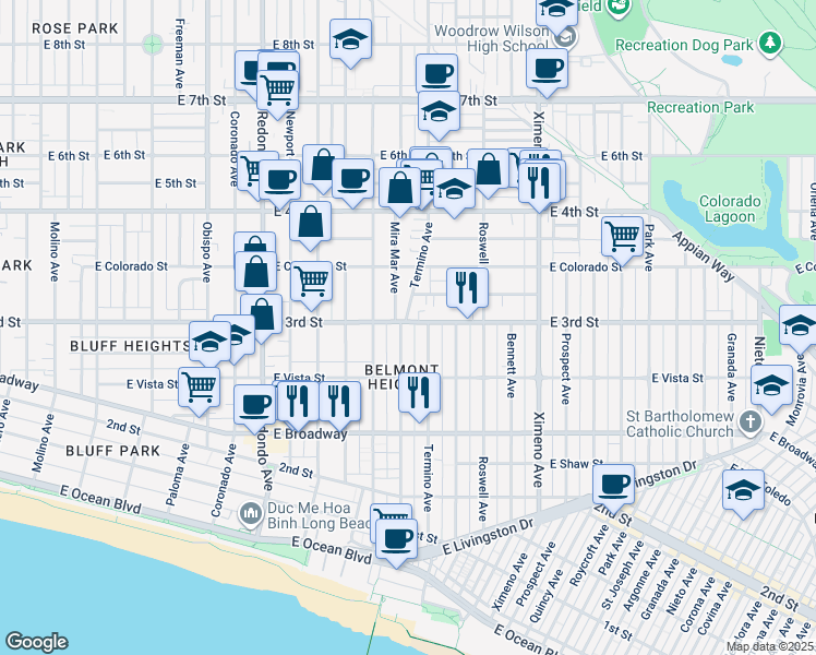 map of restaurants, bars, coffee shops, grocery stores, and more near 3951 East 3rd Street in Long Beach