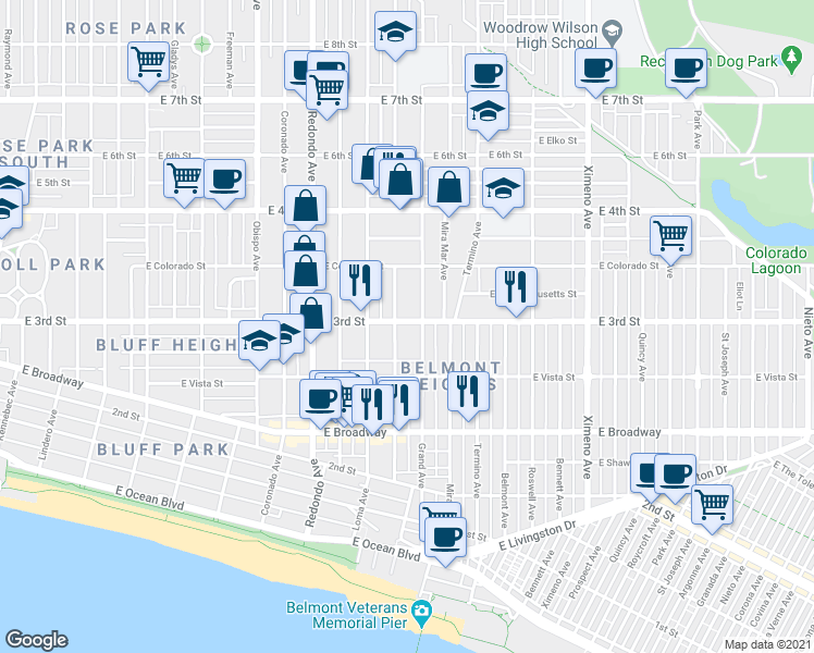 map of restaurants, bars, coffee shops, grocery stores, and more near 3702 East 3rd Street in Long Beach