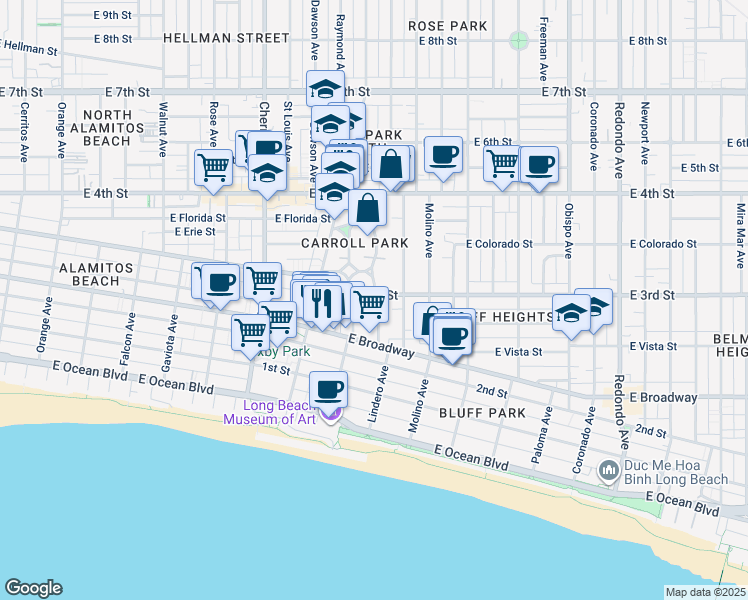 map of restaurants, bars, coffee shops, grocery stores, and more near 270 Lindero Avenue in Long Beach