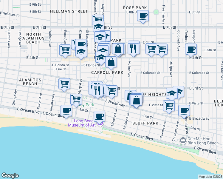 map of restaurants, bars, coffee shops, grocery stores, and more near 270 Lindero Avenue in Long Beach