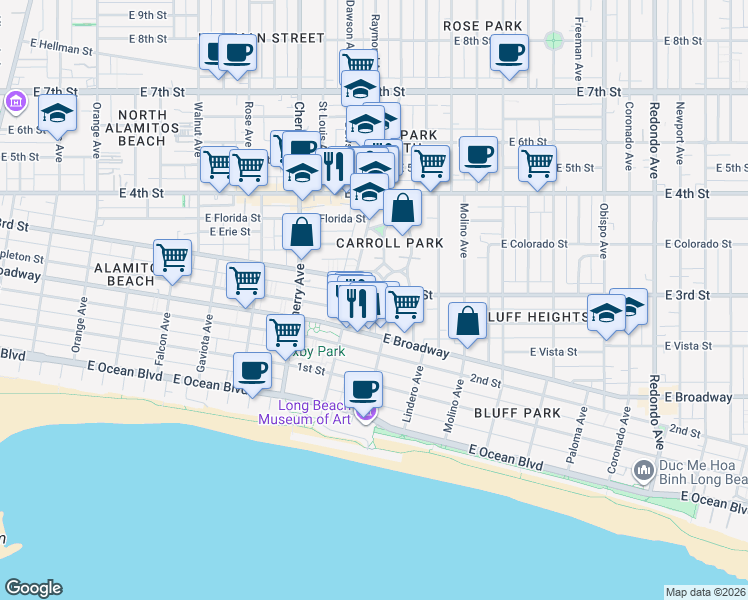 map of restaurants, bars, coffee shops, grocery stores, and more near 299 Kennebec Avenue in Long Beach