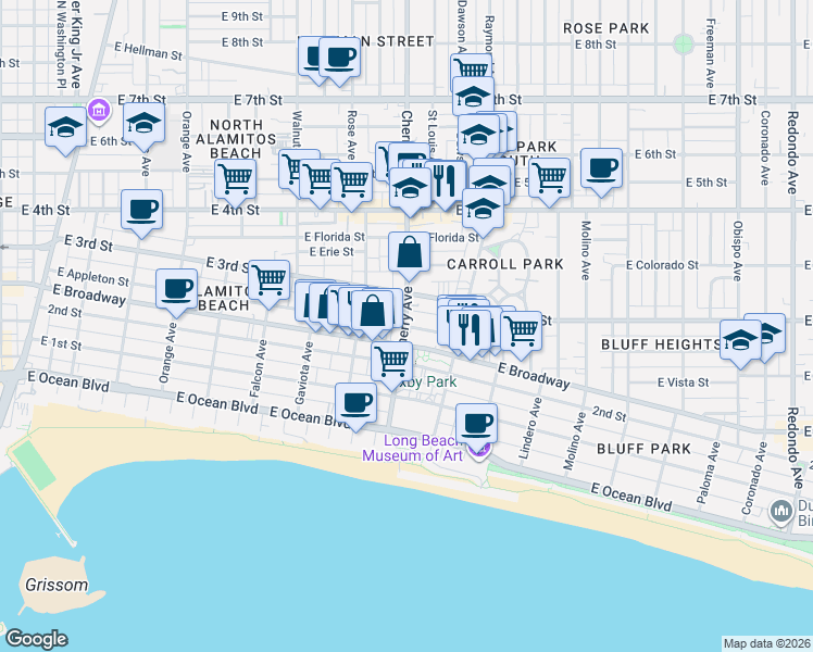 map of restaurants, bars, coffee shops, grocery stores, and more near 2027 East Appleton Street in Long Beach