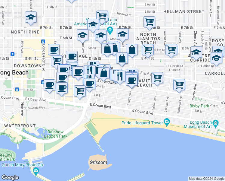 map of restaurants, bars, coffee shops, grocery stores, and more near 1066 2nd Street in Long Beach