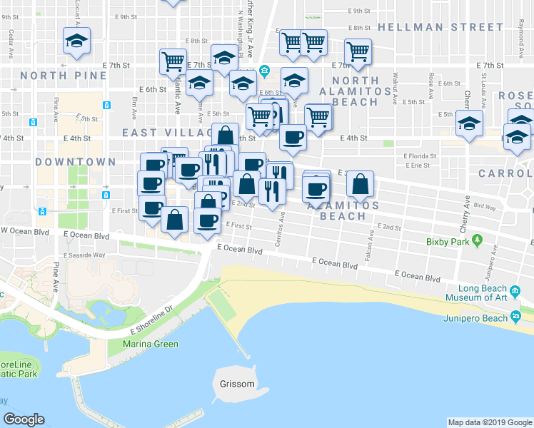 map of restaurants, bars, coffee shops, grocery stores, and more near 1066 2nd Street in Long Beach