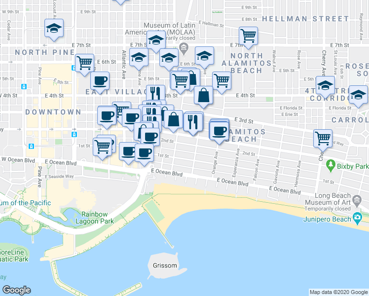 map of restaurants, bars, coffee shops, grocery stores, and more near in Long Beach