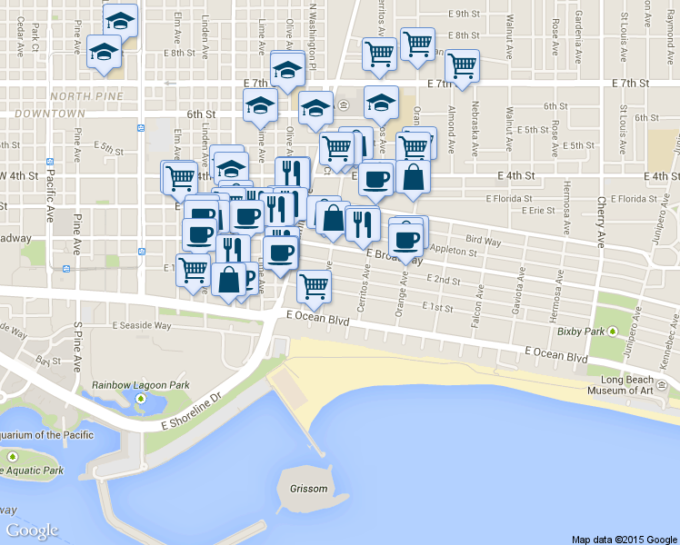 map of restaurants, bars, coffee shops, grocery stores, and more near in Long Beach