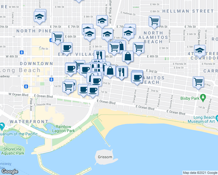 map of restaurants, bars, coffee shops, grocery stores, and more near 132 Bonito Avenue in Long Beach