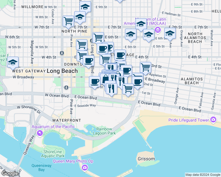 map of restaurants, bars, coffee shops, grocery stores, and more near 67 Linden Avenue in Long Beach