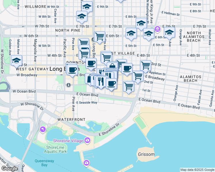 map of restaurants, bars, coffee shops, grocery stores, and more near 355 East 1st Street in Long Beach