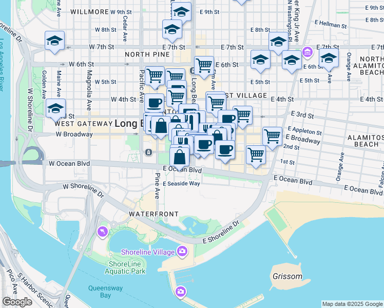 map of restaurants, bars, coffee shops, grocery stores, and more near 301 East Ocean Boulevard in Long Beach