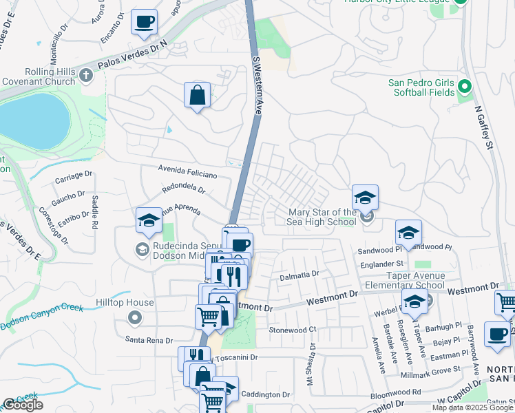 map of restaurants, bars, coffee shops, grocery stores, and more near 27810 South Western Avenue in Los Angeles