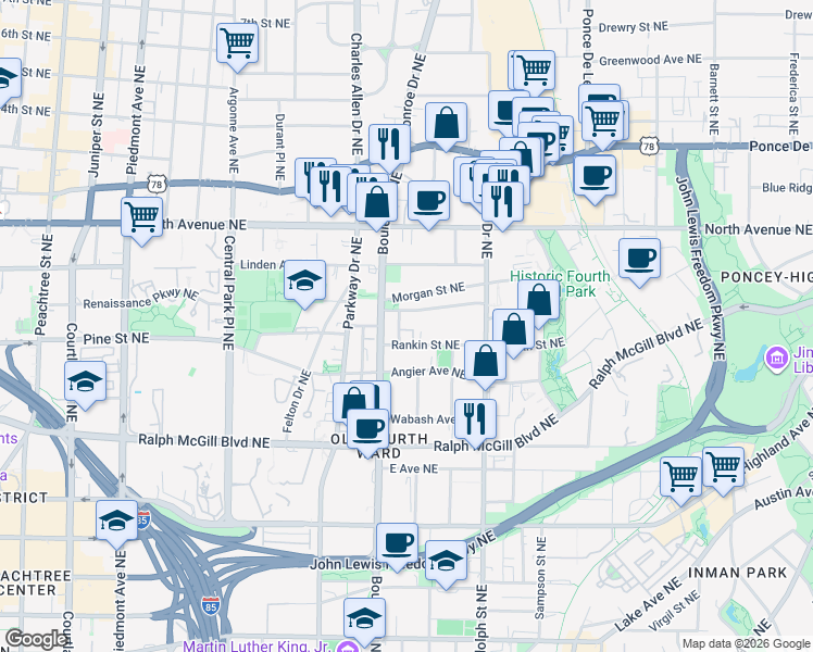 map of restaurants, bars, coffee shops, grocery stores, and more near 513 Winton Terrace Northeast in Atlanta