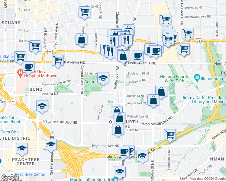 map of restaurants, bars, coffee shops, grocery stores, and more near 500 Parkway Drive Northeast in Atlanta
