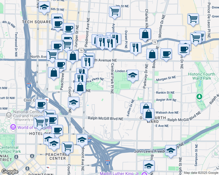 map of restaurants, bars, coffee shops, grocery stores, and more near in Atlanta