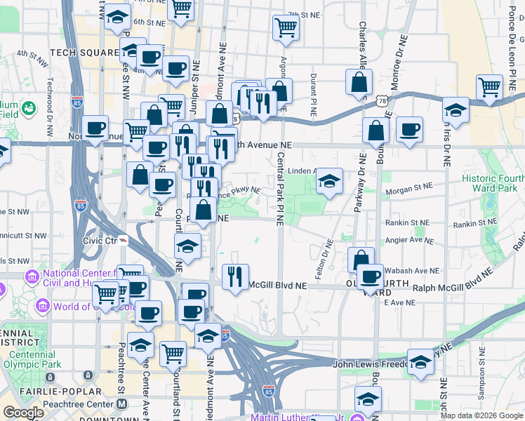 map of restaurants, bars, coffee shops, grocery stores, and more near 10 Gilbert Trail Northeast in Atlanta
