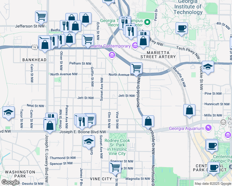 map of restaurants, bars, coffee shops, grocery stores, and more near 488 Vine Street Northwest in Atlanta