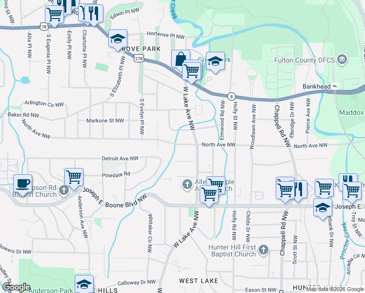 map of restaurants, bars, coffee shops, grocery stores, and more near in Atlanta