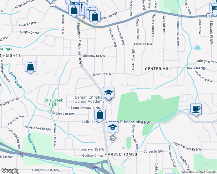 map of restaurants, bars, coffee shops, grocery stores, and more near 2517 Ryne Street Northwest in Atlanta