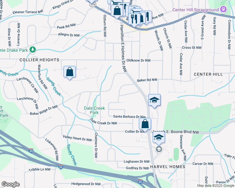 map of restaurants, bars, coffee shops, grocery stores, and more near 2625 Baker Road Northwest in Atlanta