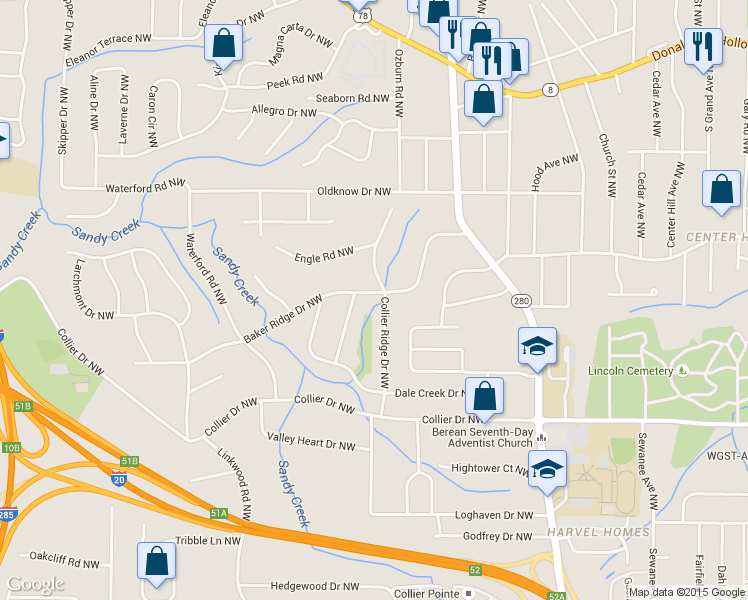 map of restaurants, bars, coffee shops, grocery stores, and more near 2732 Baker Ridge Drive Northwest in Atlanta