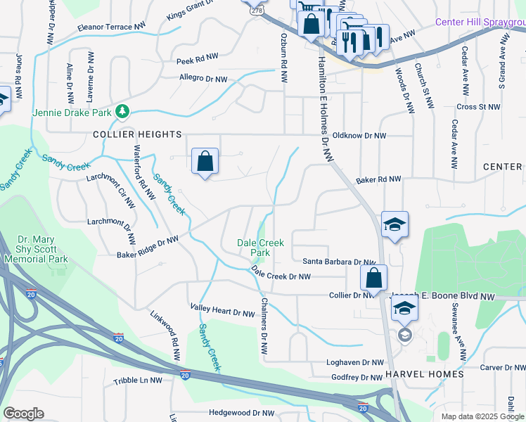 map of restaurants, bars, coffee shops, grocery stores, and more near 2740 Baker Ridge Drive Northwest in Atlanta