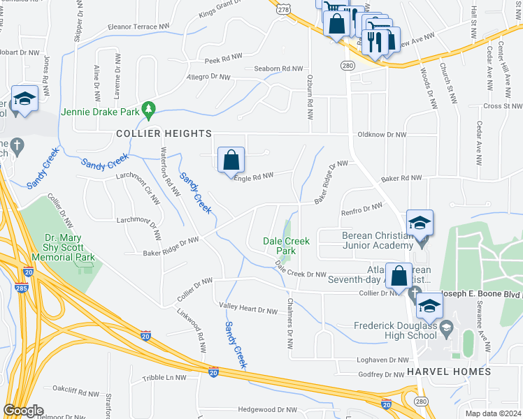 map of restaurants, bars, coffee shops, grocery stores, and more near 2905 Dale Creek Drive Northwest in Atlanta