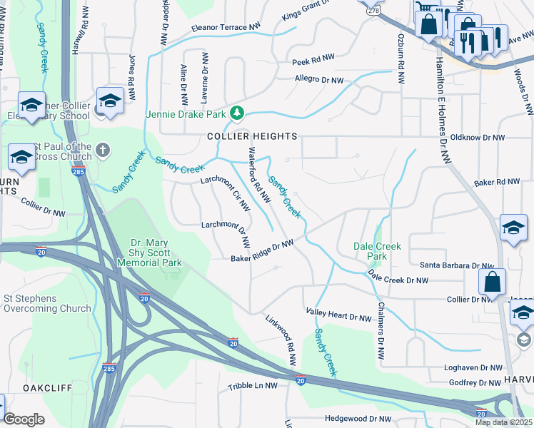 map of restaurants, bars, coffee shops, grocery stores, and more near 474 Waterford Road Northwest in Atlanta