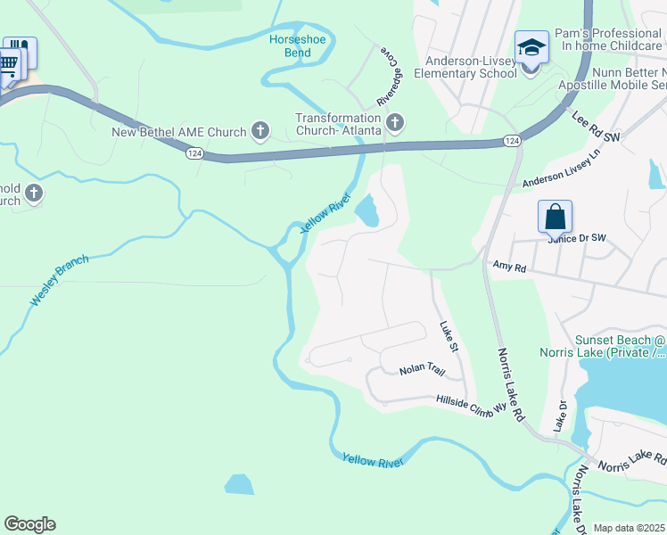 map of restaurants, bars, coffee shops, grocery stores, and more near 8026 Rivermont Court in Snellville